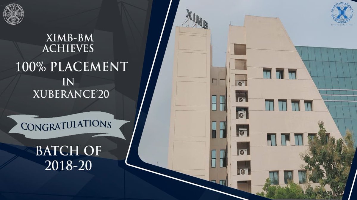 ximb_official's tweet photo. It gives us immense pleasure to announce 100% placement of the MBA-BM batch of 2018-20 in Xuberance ’20.

We congratulate the batch of 2018-20 and wish them the best for their future endeavors! 

#Xuberance20 #100PercentPlacements #BatchOf2020 #BusinessManagement #XIMB https://t.co/91utK9sxtb