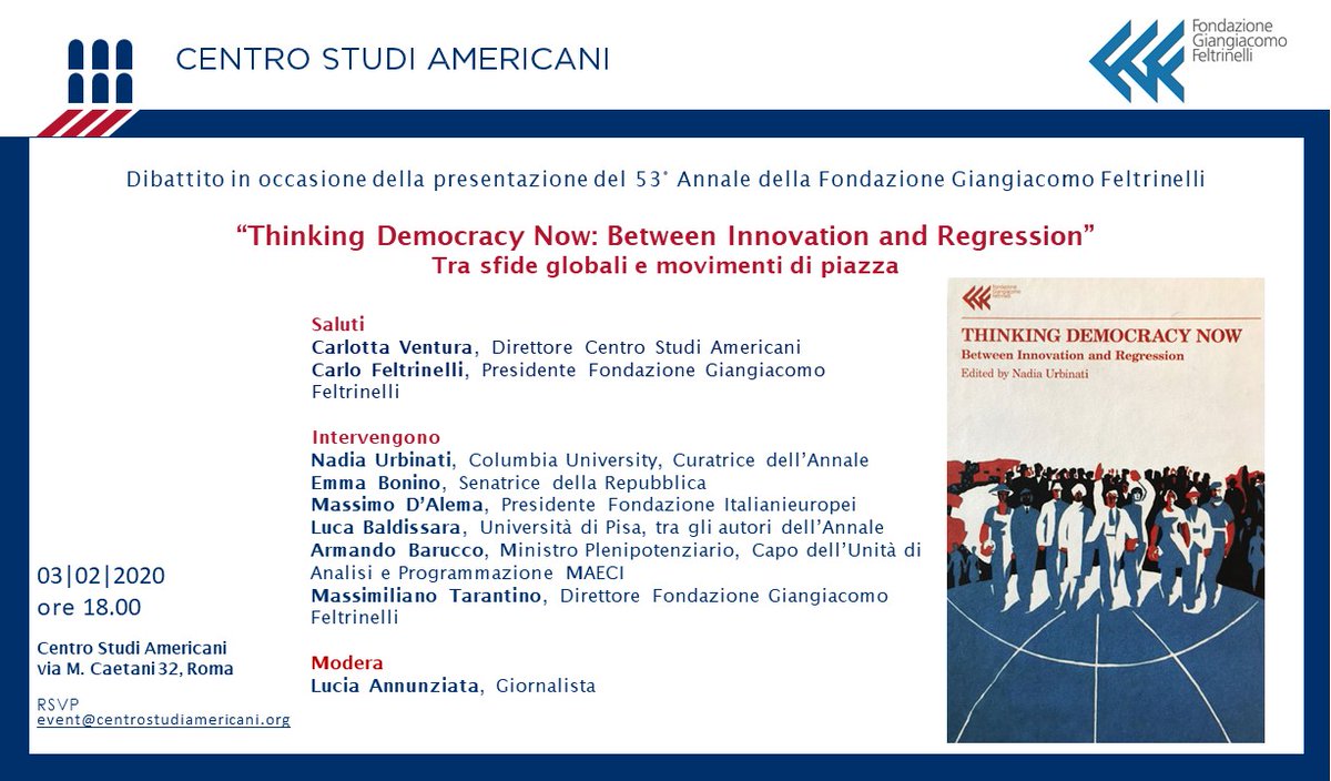 centrostudiusa's tweet photo. 📅3 febbraio ore 18 📍@centrostudiusa
📖Presentazione 53° volume #Annali @FondFeltrinelli "Thinking democracy now: between innovation and regression".
🎙️Carlo Feltrinelli, @nadiau87, @emmabonino, Massimo D'Alema, Luca Baldissara, Armando Barucco #MAE. Modera Lucia Annunziata. https://t.co/tD36PFOWl5