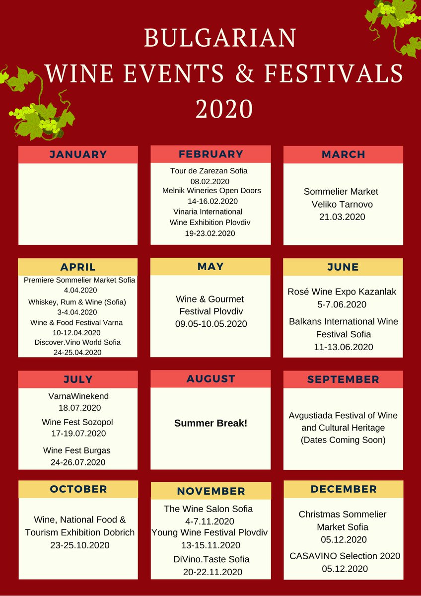 BGWineTours's tweet photo. Download the Bulgarian Wine Events & Festivals 2020 Calendar here: https://t.co/NWMilfyLYJ #Bulgaria #wine #winelover #winetour #winetourist #winetravel #winefestivals #winevents #Bulgarianwine https://t.co/I3v7fdpoi9
