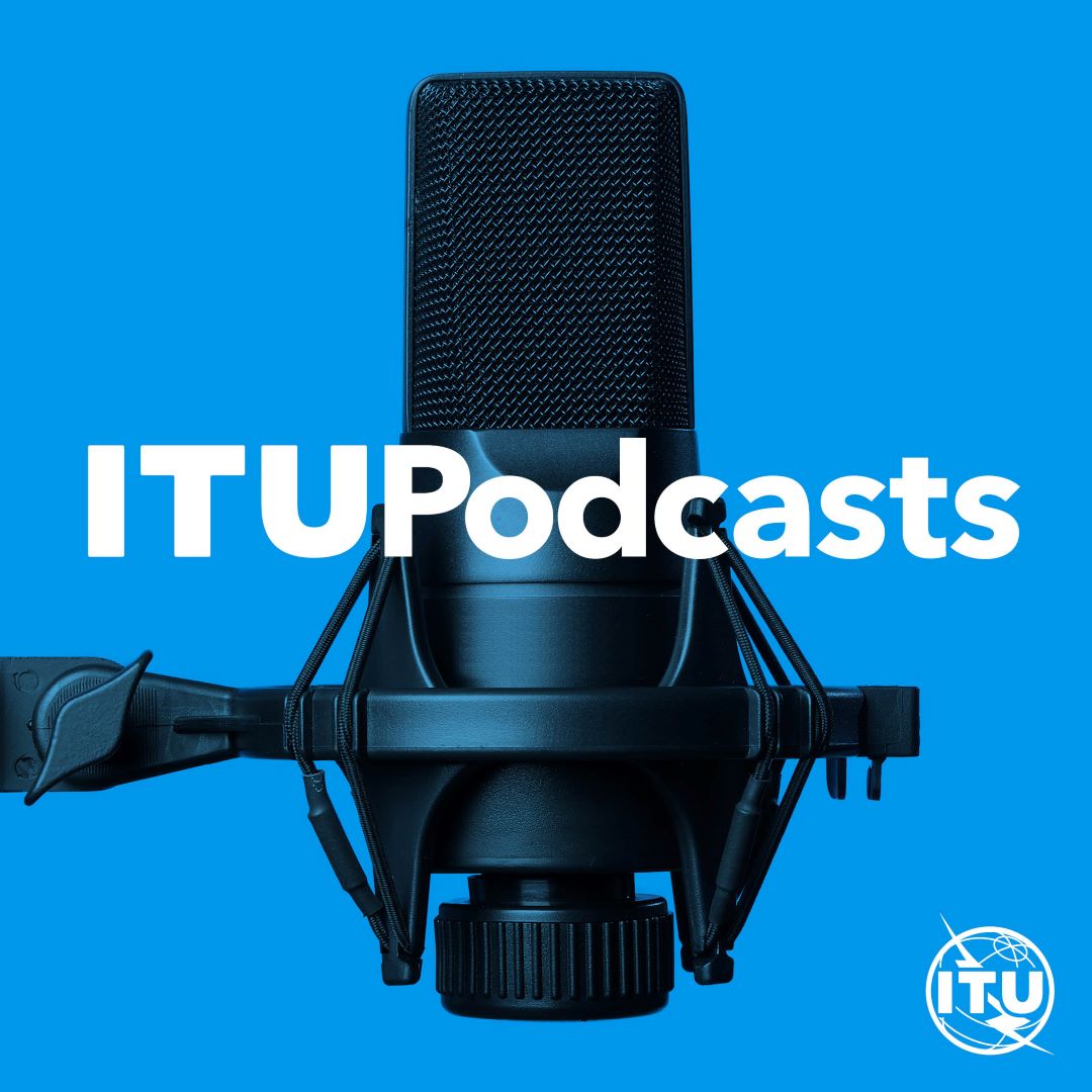 Promo visual for the new ITU podcast series: minimalist, close-up image of a microphone against a blue background