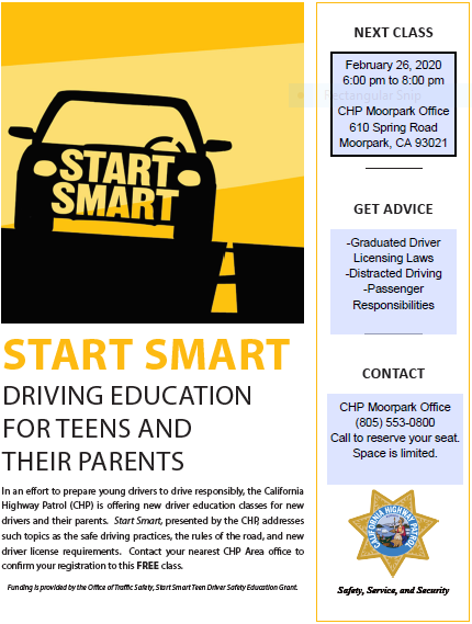 CHPMoorpark's tweet photo. Our FREE Start Smart class is coming up quick, February 26, 2020 from 6 PM to 8 PM. Space is limited. Please call (805)553-0800 to reserve your spot. @CHP_Ventura @toaksvcso @SimiValleyPD #SmartStart #teendriving #safeparents https://t.co/Gx3gkUFEVM