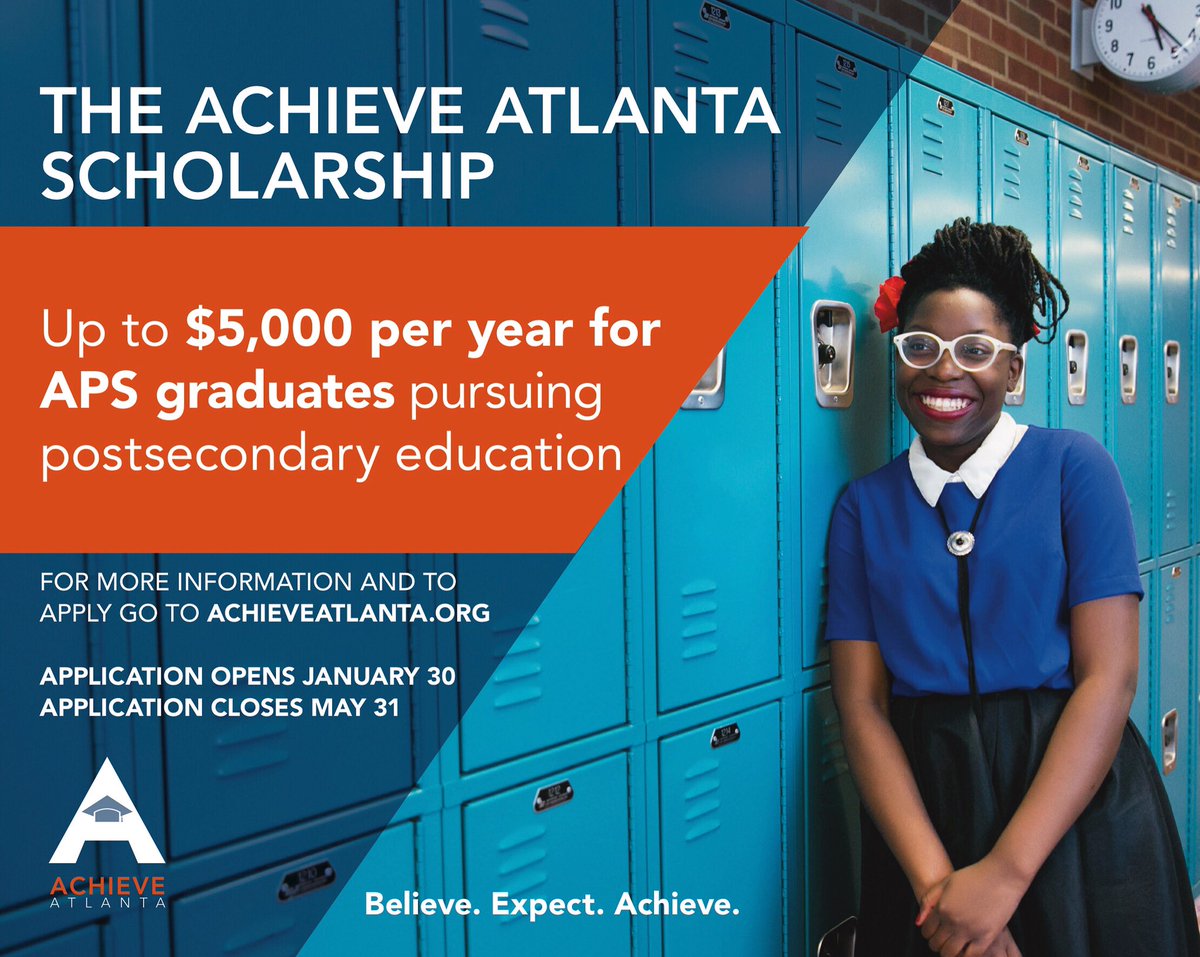 AchieveAtlanta's tweet photo. The @AchieveAtlanta Scholarship is officially open! @apsupdate seniors, visit our website to learn more and apply today. #AchieveAtlanta #collegescholarship #Scholars 

https://t.co/0k2JpjpqQZ https://t.co/jd9FWJKqkX