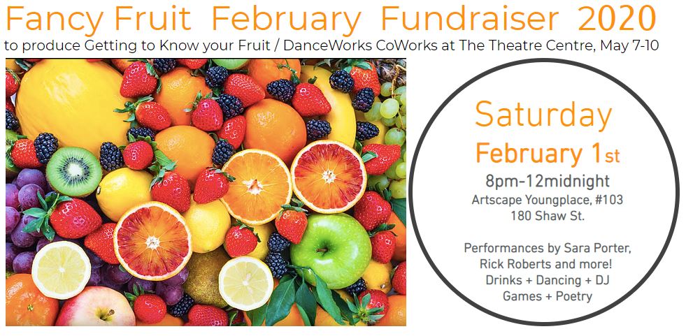 DanceWorksTO's tweet image. Upcoming #CoWorksTO artist Sara Porter! Fancy Fruit February Fundraiser! Feb 1/20  8pm-12am @ Artscape Youngplace. Performances: Sara Porter, @dianeflacks, Rick Roberts. Art: @SarahTurtlArt &amp;amp; Nancy Friedland. Sponsored by @HendoBrewco &amp;amp; @meiomicanada
facebook.com/events/5437139…