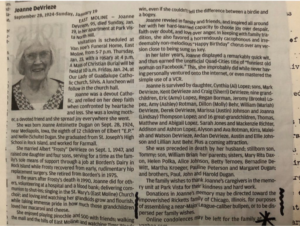 thekapman's tweet image. This obituary is so hilarious. This woman who was a die hard Cubs fan passes away on January 19th at the age of 95. Check out what she wanted in her obit. Attn. #ChicagoCubs #TakeThat #BlessYouJoanneDeVrieze
