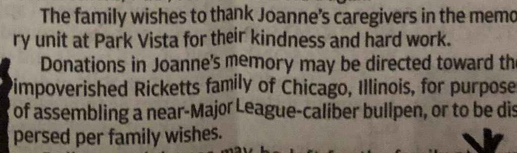 thekapman's tweet image. This obituary is so hilarious. This woman who was a die hard Cubs fan passes away on January 19th at the age of 95. Check out what she wanted in her obit. Attn. #ChicagoCubs #TakeThat #BlessYouJoanneDeVrieze