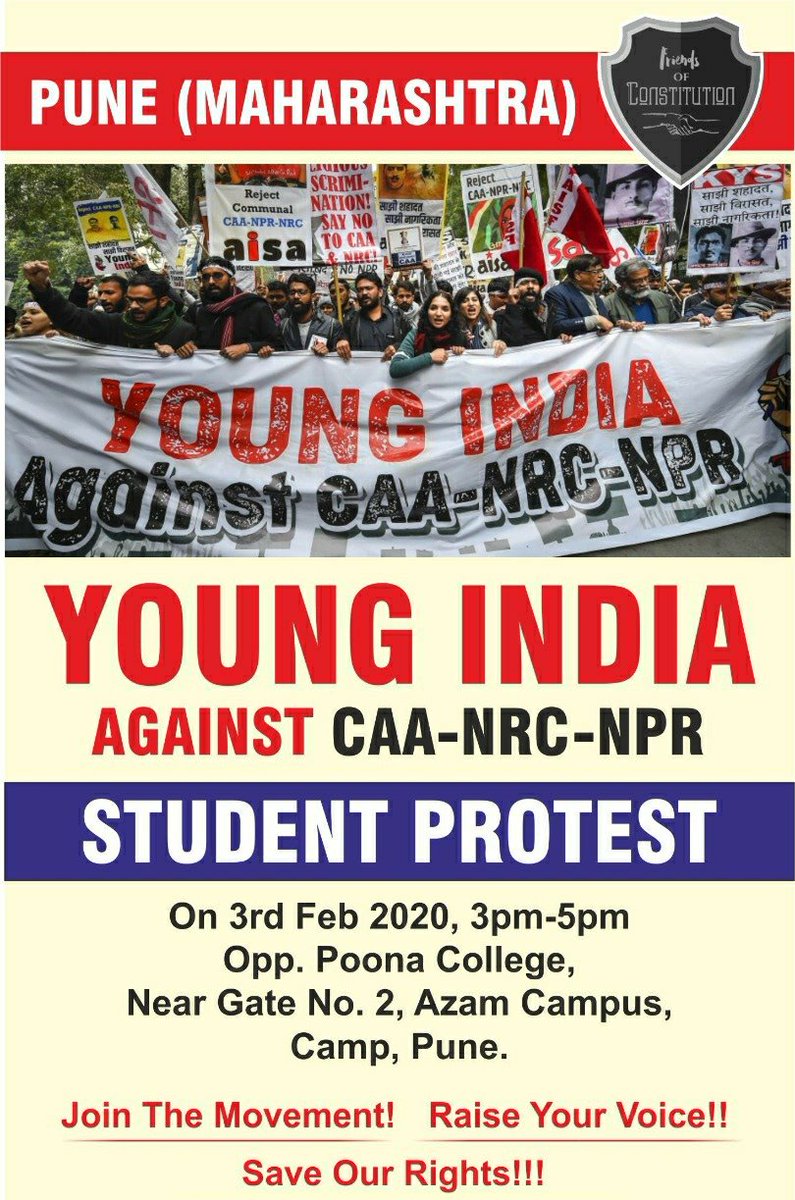 FriendsofConst1's tweet photo. #Studentsprotest 
#Studentsagainst_CAA
#Studentsagainst_NRC
#Studentsagaist_NPR
#Studentsagainstbrutality
#Protest
#PuneProtest 

@FahadTISS @ReallySwara @TheQuint @thewire_in @scroll_in @ThePrintIndia https://t.co/WBWbaoHhFC