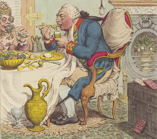 George III and Charlotte eating a frugal meal of boiled eggs and salad. Image by Gillray.