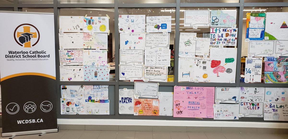 #WCDSBawesome posters raising awareness about mental health and promoting healthy proactive strategies/techniques to help students with mental health. <a href="/svdptiger/">St. Vincent de Paul</a> students will vote on their favourite posters today. #CalledToBelong #BellLetsTalkDay