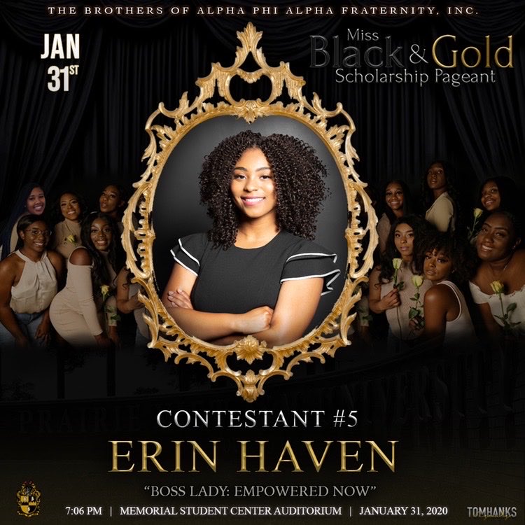 PVAMUCAB_'s tweet photo. Please come out and support our CAB Secretary #Contestant5 Miss Erin Haven (@erin24haven), and her other pageant sisters! Make sure you get your presales from her #contestant5 or your fav @pvalphas TODAY IS THE LAST DAY for PRESALES🖤💛 https://t.co/OdTgRJi23v