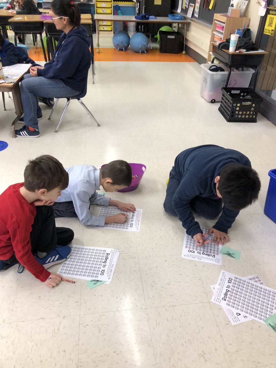 MsRossKinder's tweet photo. Who will roll to 100 first?  Our class loves partner activities!  We did a fun math activity to prepare for our 100th day of school tomorrow. #62NO https://t.co/BaksjvXsdx
