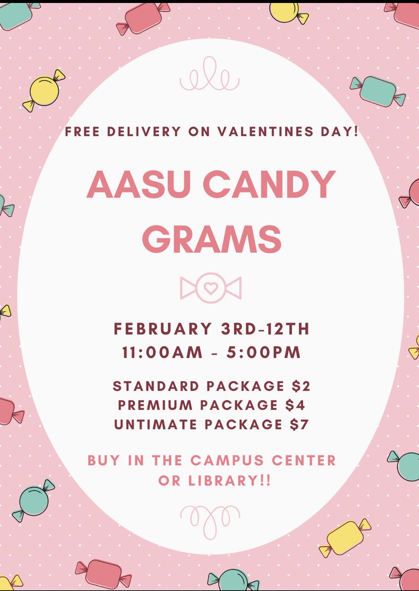 Otterbein_AASU's tweet photo. On Monday you can find members of AASU in the campus center or library to participate in our 2020 fundraiser! We will be selling candy grams from Feb.3rd-Feb. 12th and delivering them on the 24th! https://t.co/AZCNS1xKqO