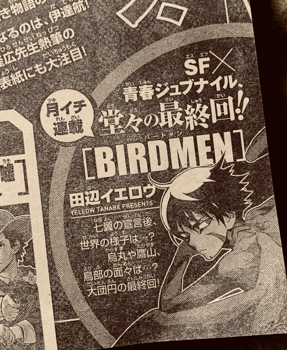 来週発売のサンデー10号に
BIRDMEN載りますのでお知らせ。
最・終・回❗️大・団・円❓

アイツは出るのか出ないのか。 