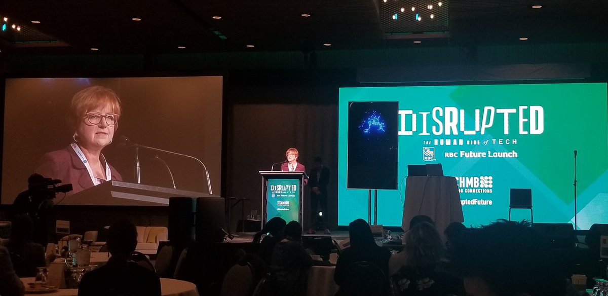 HMHGirl's tweet photo. Kathy Knight of @TechManitoba takes the stage to welcome all the guests to #DisruptEdFuture and encourages everyone to grow the conversation of the #HumanSideofTech! https://t.co/wKthtBjXM5