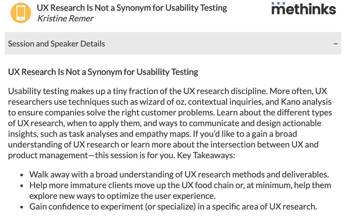 methinks_io's tweet photo. Keep an eye out for our next sponsored talk - "UX Research Is Not a Synonym for Usability Testing," which is the first of Day 2 and being given by @kristineremer. It should be a good one! #QRCA2020 #KeepQualHuman - https://t.co/YMngl7XTxq https://t.co/m5lvn8bVH5