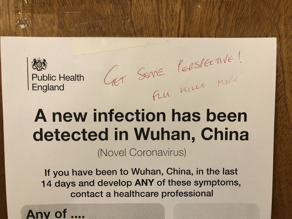 So as the coronavirus appears to be spreading far and wide, we are starting to see Public Health England notices go up all over our university building. One has already been defaced; what’s your take on it <a href="/JonathanKBall/">Jonathan Ball</a>, #nCoV vs flu?