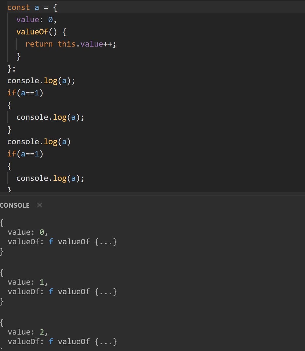 laurispagd's tweet photo. #JSquirk The #valueOf() returns the primitive value of an object and is implicitly called by #JS. If you were to create an object like "a", you would obtain an object that increases its value every time #valueOf() is either implicitly or explicitly called. #WebDev @uniandes https://t.co/LWR31cvtl7
