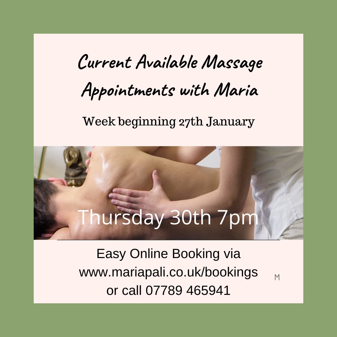 We are just bursting at the seams with healing opportunities this week!
.
Check out <a href="/MariaPaliUK/">maria pali</a>'s availability for some gorgeous massage!
.
#Massage #Brighton #BrightonMassage #MassageBrighton #BookAMassage #MassageAppointment #Pain #FeelGood #MassageTherapist #ThankfulThursday
