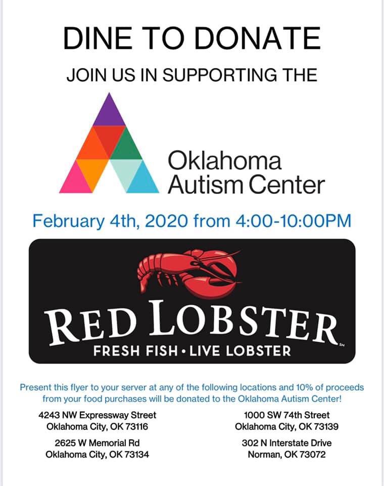 AutismFoundOK's tweet photo. Join us at all metro area @redlobster locations next Tuesday evening, 2/4/20, from 4-10 pm as we #DinetoDonate for the @AutismCenterOK! #AutismAwareness #Oklahoma https://t.co/EzshJ8pdBX