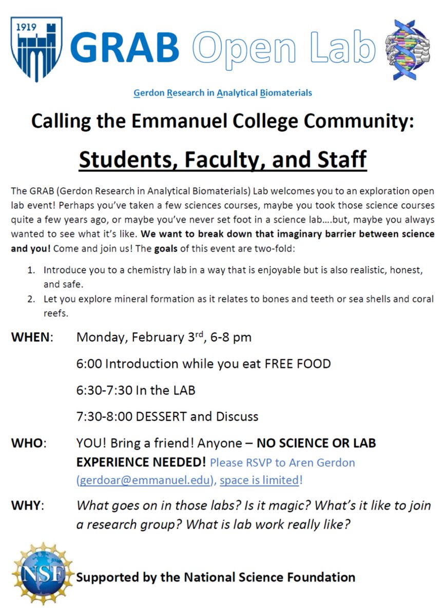 ECchemistry's tweet photo. This coming Monday, @DrGerdon is hosting an open lab for all who are interested in learning a little more about the research that is happening in our labs.  No science experience is required to attend! See the flyer for more details: https://t.co/1D1SwbMqRP