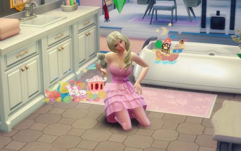 PinkPearlSim's tweet image. So when Pearl isn’t trying to keep it together for public image, she’s enjoying her favorite toy Kitty in the privacy of ANY bathroom. 
What quirk does your Sim have??