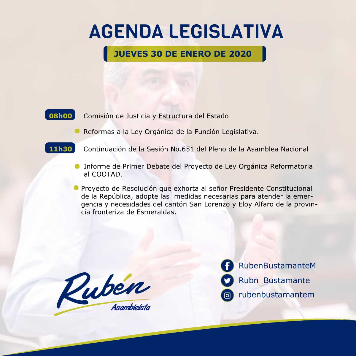 #FelizJueves 
Hoy desde <a href="/AsambleaEcuador/">Asamblea Nacional</a> comparto con ustedes la agenda legislativa, donde expondré la propuesta para un nuevo diseño y modelo de gestión como Reforma a la Ley Orgánica de la Función Legislativa.