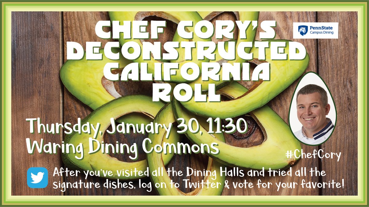 PennStateDining's tweet photo. It's the final day of our Avocado Competition and today features East versus West! Come test the Deconstructed California Roll by #ChefCory and Avocado Pesto Linguini with Shrimp by #ChefJeff and then vote for your favorite! https://t.co/QIu92GmxDU