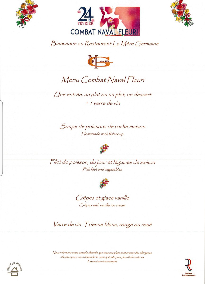 La #MèreGermaine vous présente son menu spécial #CombatNavalFleuri qui se déroulera le lundi 24 février.
Informations et réservations :
tél : 04 93 01 71 39
contact@meregermaine.com