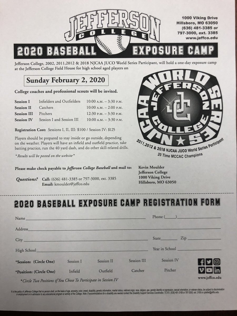 JeffCo_Baseball's tweet photo. Low 60’s for camp this Sunday. Great way to get ready for your season and get some exposure. We will be able to be on the field. Email kmoulder@jeffco.edu to register. @myleaderpaper @KJFFSPORTS https://t.co/dOHu7xBQHR