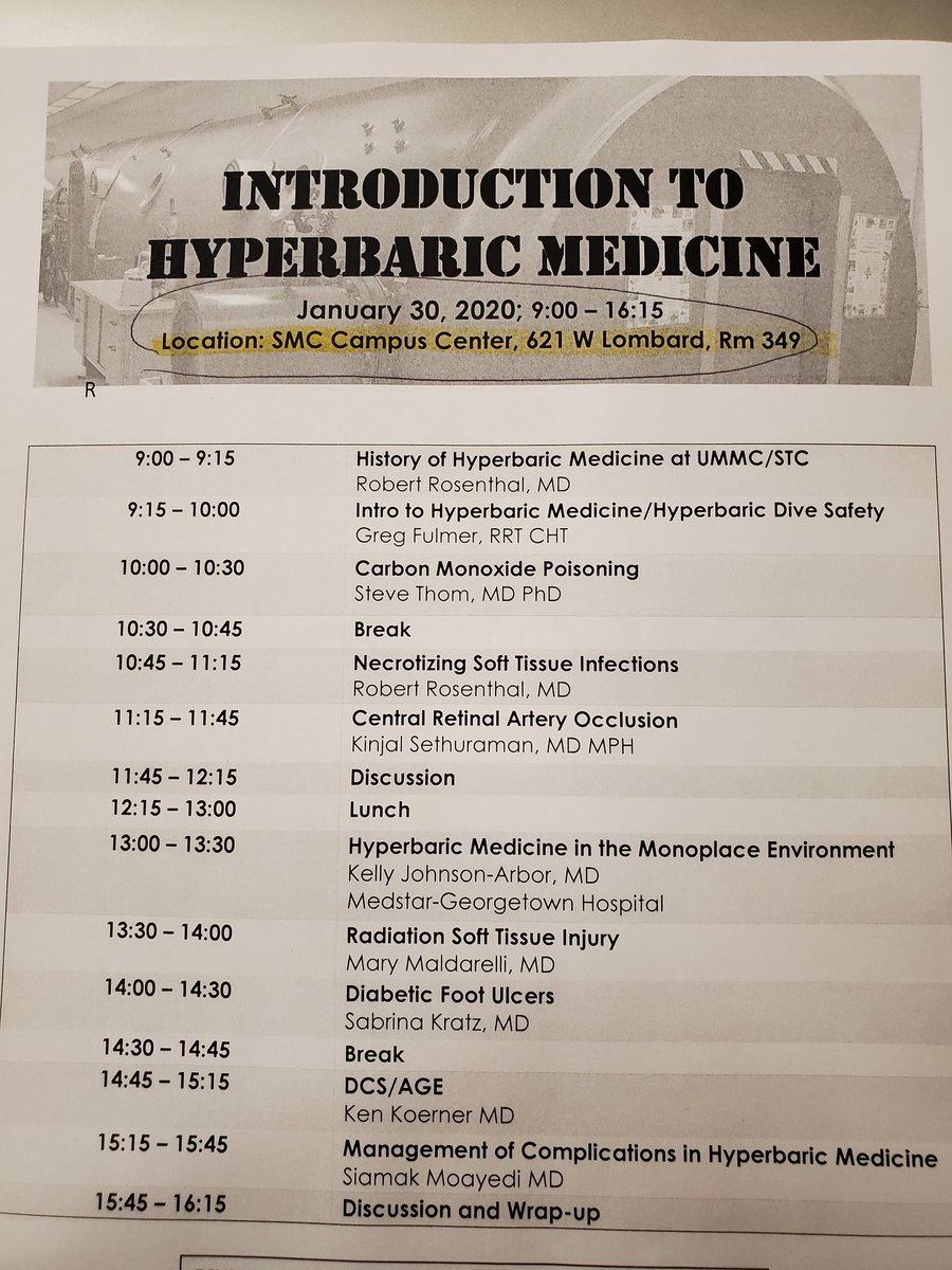 STCHBOT's tweet photo. Intro to Hyperbaric Medicine: Full day @STCHBOT Seminar at UMMC.  @KinjNS @rosendocster @UMmedschool @johnsonarbor @UMEmergencyMed https://t.co/tcAwHPvo1b