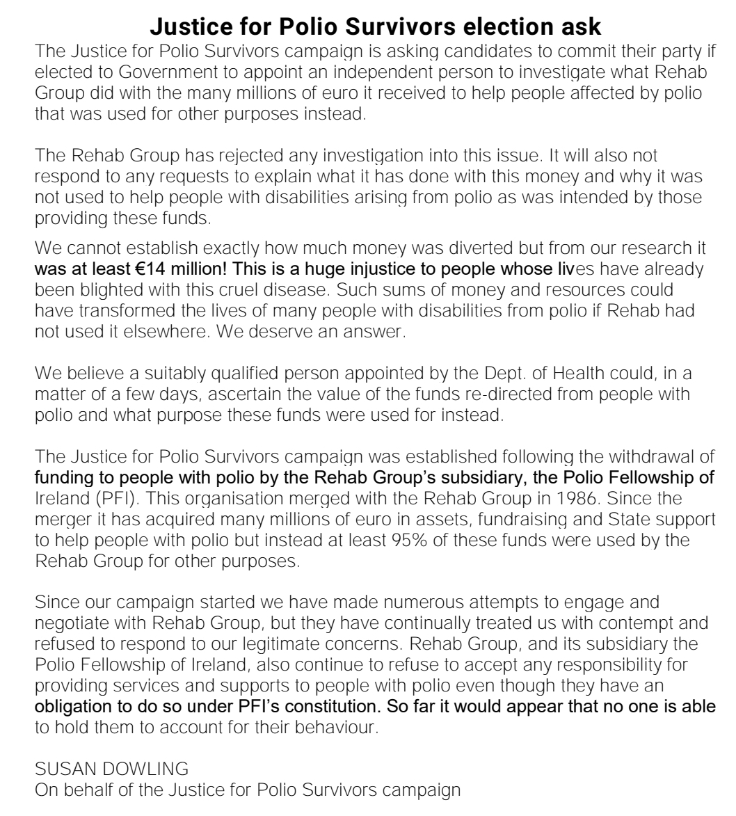 JusticeforPolio's tweet photo. @alankellylabour please commit to an independent person being appointed to investigate RehabGroup’s diversion of millions of € intended for people affected by polio &amp; their withdrawal of all services &amp; supports by their subsidiary Polio Fellowship of Ireland to people with polio https://t.co/zjldpGcGa8