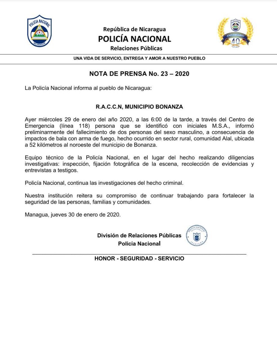 jscarlosntan's tweet photo. 🚨 Urgente 🚨 

Ante las noticias falsas, los falsos positivos, las llamadas #FakeNews compartimos esta Nota de Prensa No. 23-2020 de la Policía Nacional para esclarecer los hechos ocurridos en Bonanza el día de ayer miércoles 29 de enero de 2020

#NoPudieronNiPodrán https://t.co/Yz18zDvGJk