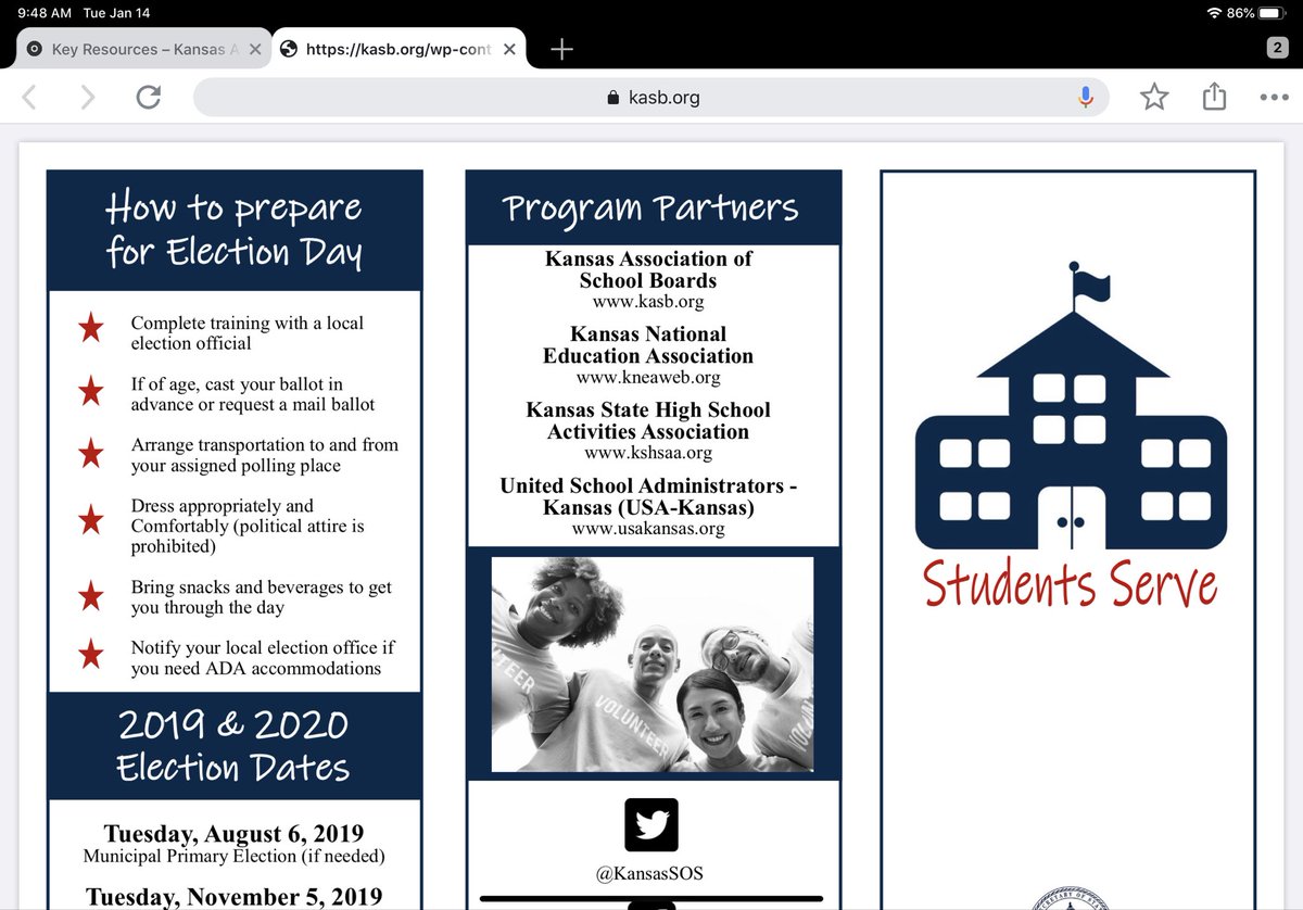 leahfliter's tweet photo. Student notes majority of election workers are over age 65. Says making Election Day a state holiday would enable students work at polls, increase student engagement. @KASBTopeka @KansasSOS @USAKansas @kneanews and @KSHSAA partner on the #StudentsServe intitiative. Check it out! https://t.co/XbEuIAYG26