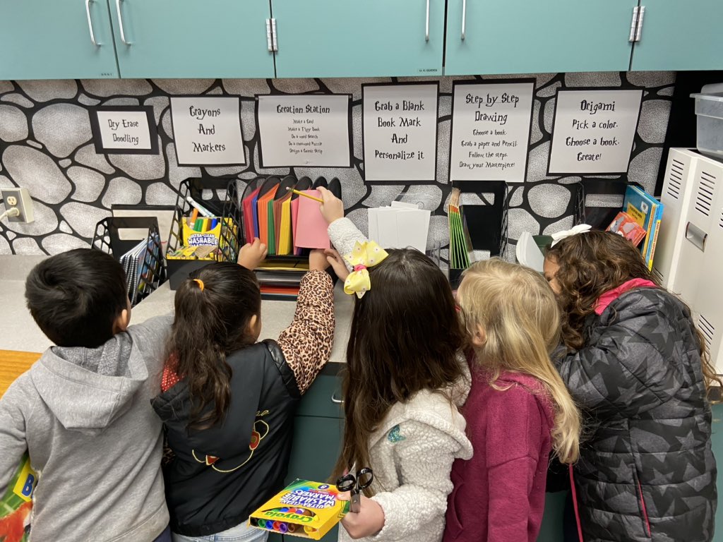 MichelletheL's tweet photo. My little Hawks are super Happy that my Creation Station was restocked. All Thanks to @BCSDlab at our All Library Staff Meeting Yesterday. #LibraryFun #Makerspaces #TeamBCSD #CreationStation #HarryPotterLibrary @BakCitySchools @HarrisElementa1 https://t.co/VOTEBoW7f0