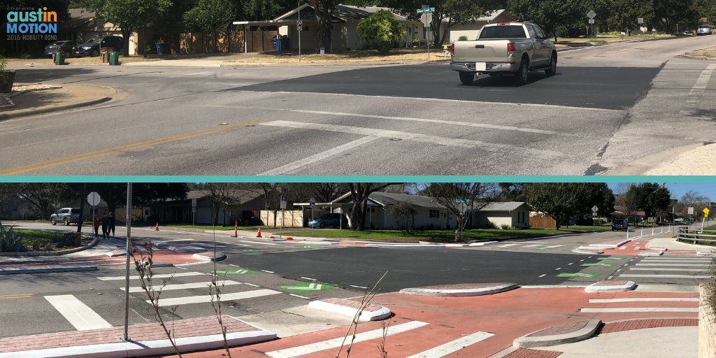Top photo shows Foster Lane before upgrades with wearing paint and less than desirable curbs and sidewalks. Bottom photo shows after photo of Foster Lane at Shoal Creek Boulevard with new paint, concrete bulbouts, and fresh sidewalks.