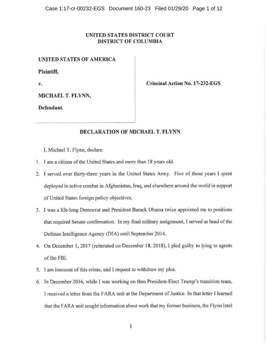 I am livid. I am so ticked at all these shills who have tried to destroy  @GenFlynn and his family. I’m doing a thread with my thoughts on the affidavit/declaration of  @GenFlynn that was filed yesterday.  @GenFlynn proclaims his innocence and withdrew his guilty plea.