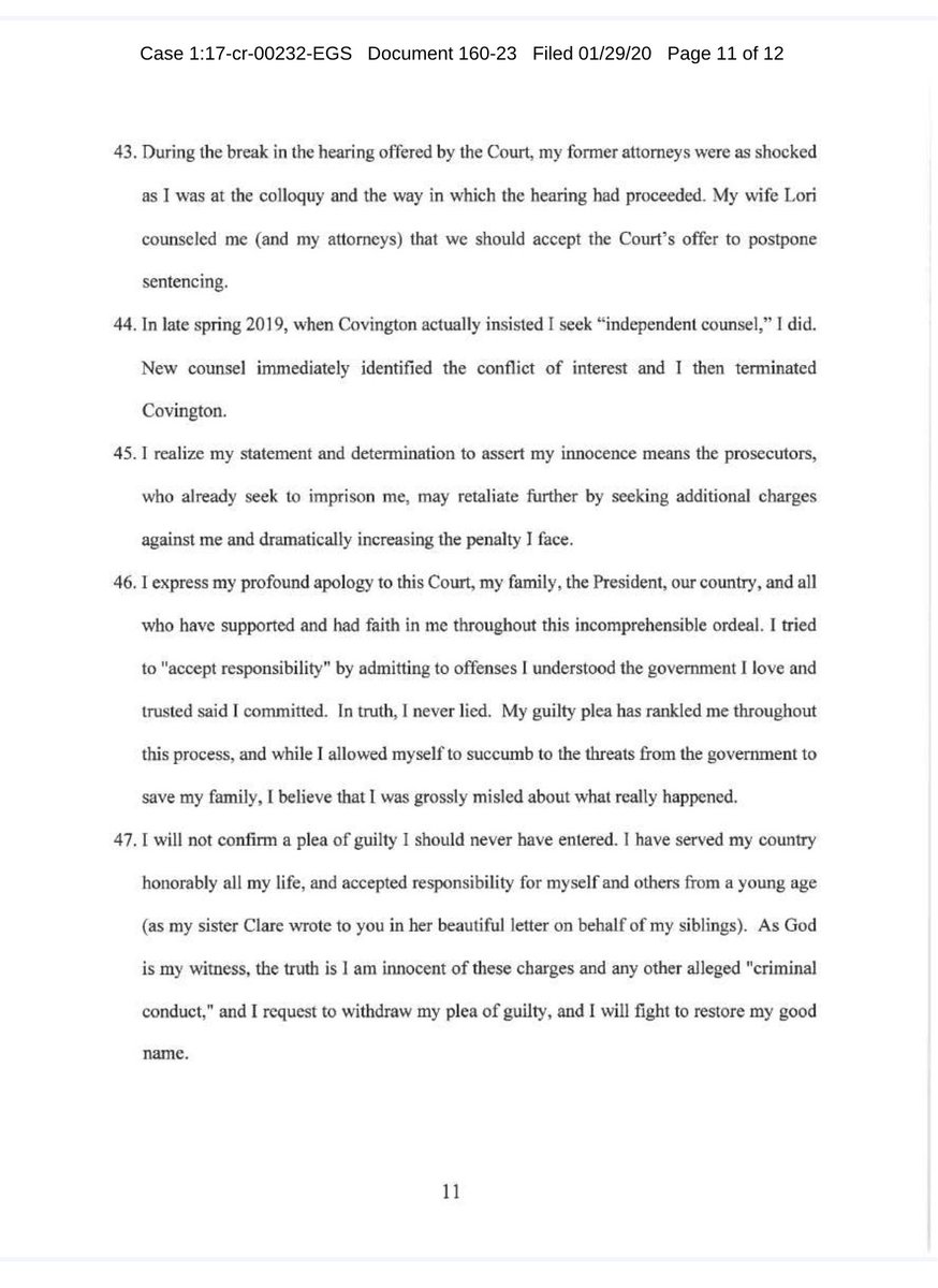 14...Spring of 2019  @GenFlynn fires Covington and hires  @SidneyPowell1 after Sidney advises him of the massive conflict of Covington and likely told him Covington was setting him up. @GenFlynn reiterates he is not guilty and should’ve never plead guilty.