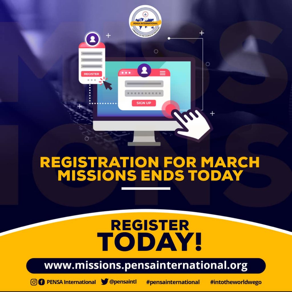 PensaIntl's tweet photo. Have you registered yet ? Remember registration for March #PIMissions ends today.
Look sharp!
#PossessingTheNations
#IntoTheWorldWeGo
#PENSAInternational
#PIMissions https://t.co/Sxh1Q1kB6m