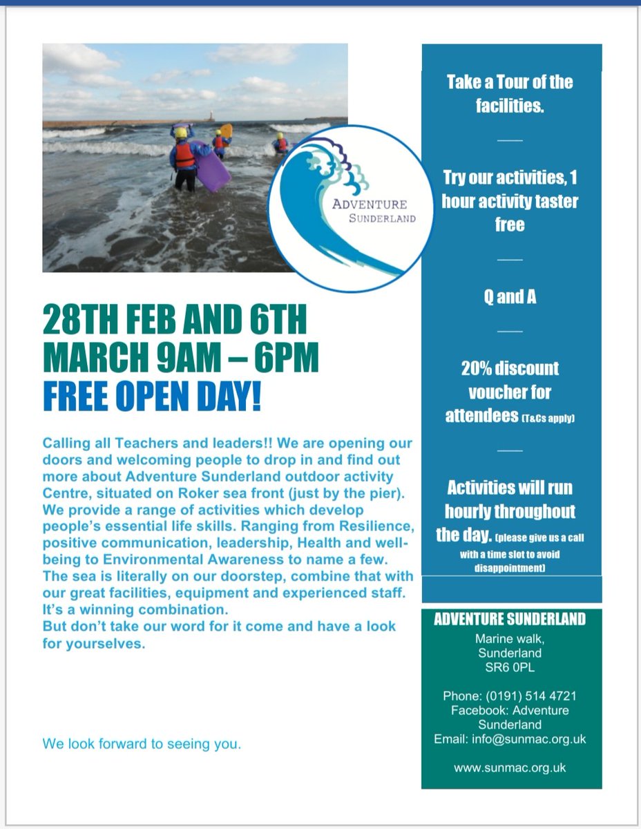 Do you want an adventure? Have you ever wondered what we do? Come and see us to find out more, on our open days 28th February and the 6th march. Open to all, drop in any time from 9am to 6pm. #openday #adventure <a href="/planschooltrips/">PlanMySchoolTrip</a> <a href="/SunderlandEcho/">Sunderland Echo</a> #school2020 #youthgroups