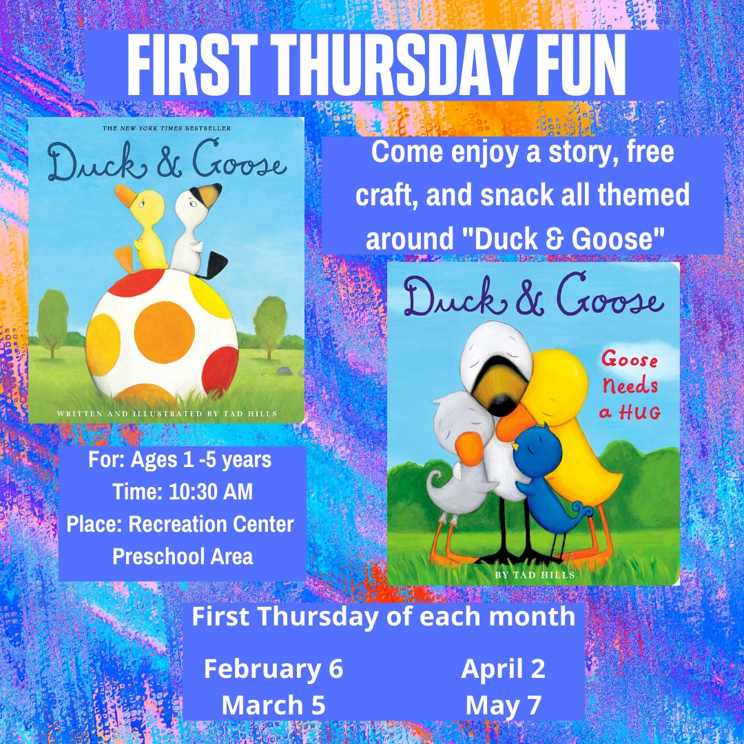 A week from today begins a new session of First Thursday Fun!  This time we will focus on Duck and Goose.  Join Miss Stacie &amp; Miss Ellen for this FREE program.
#gatesrecreation #gatesrec
