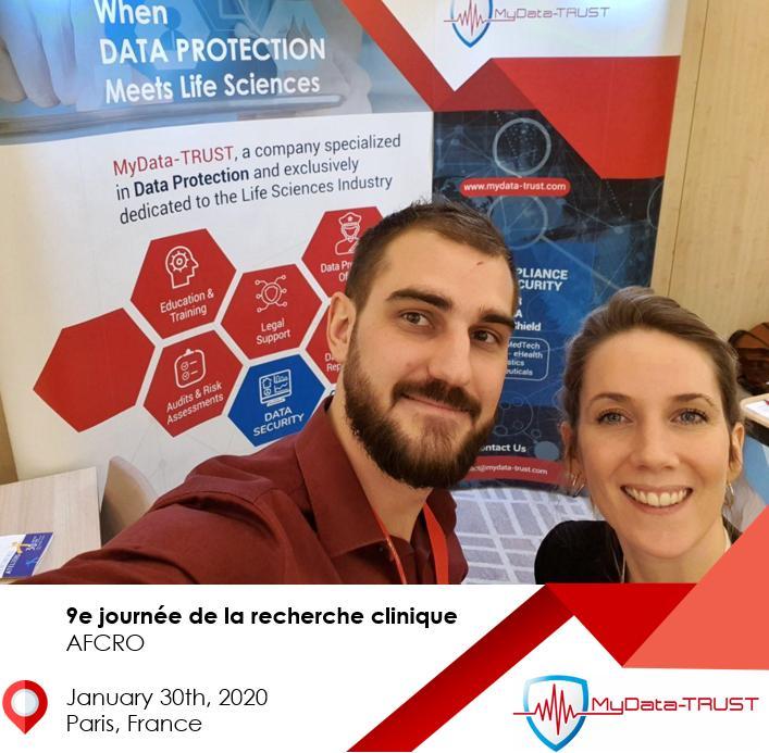my_data_trust's tweet image. Meet us in Paris today! During the &quot;9ème Journée de la recherche clinique&quot; organized by AFCROs. Mathilde and Gautier are ready to talk about #DataProtection in the #clinical sector. Feel free to visit our stand!