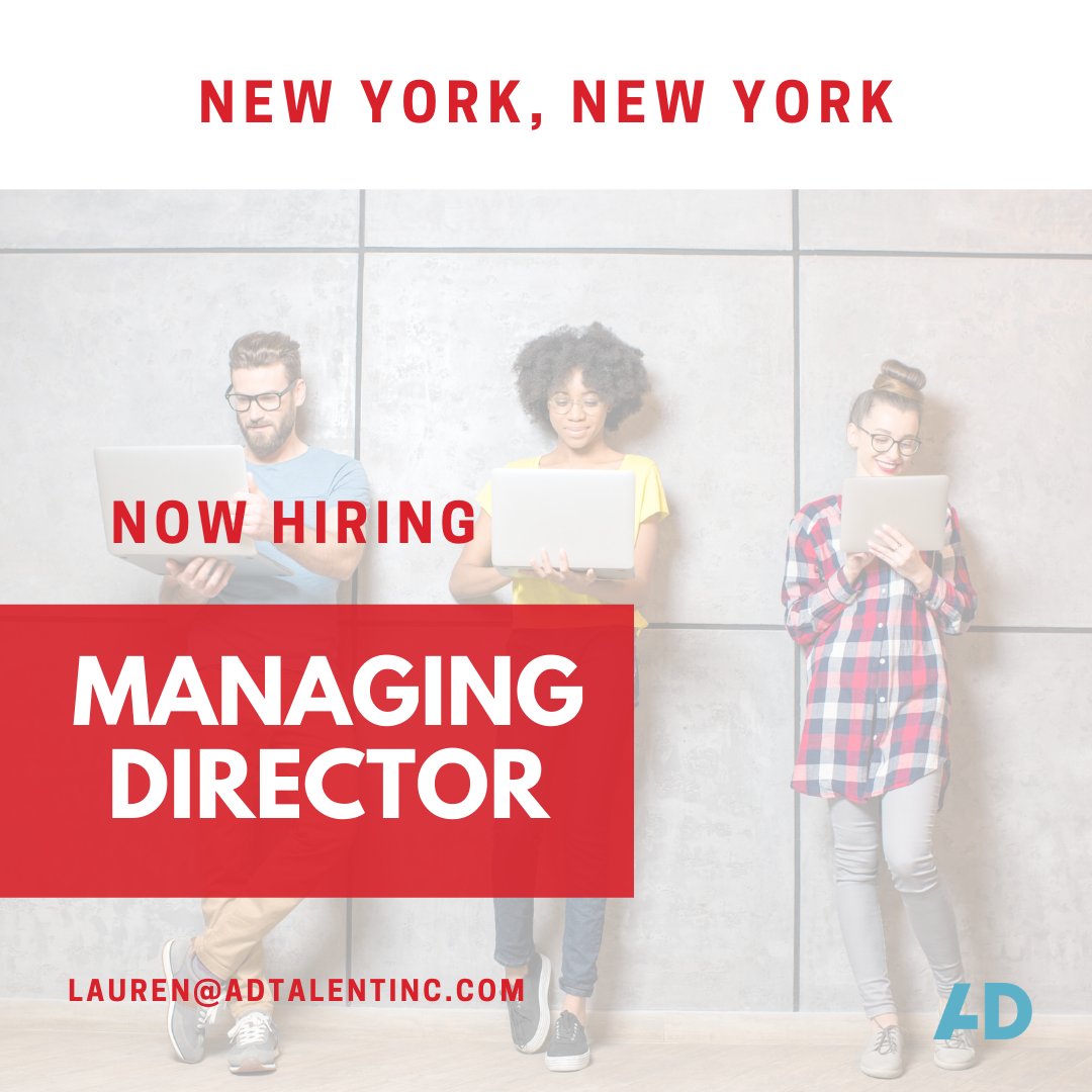 AD Talent is hiring a strategic &amp; entrepreneurial Managing Director for a leading experiential company. The ideal MD will have helped to operationally scale a creative agency.

If interested, email Lauren@adtalentinc.com.

#nowhiring #adtalentinc #newyorkjobs