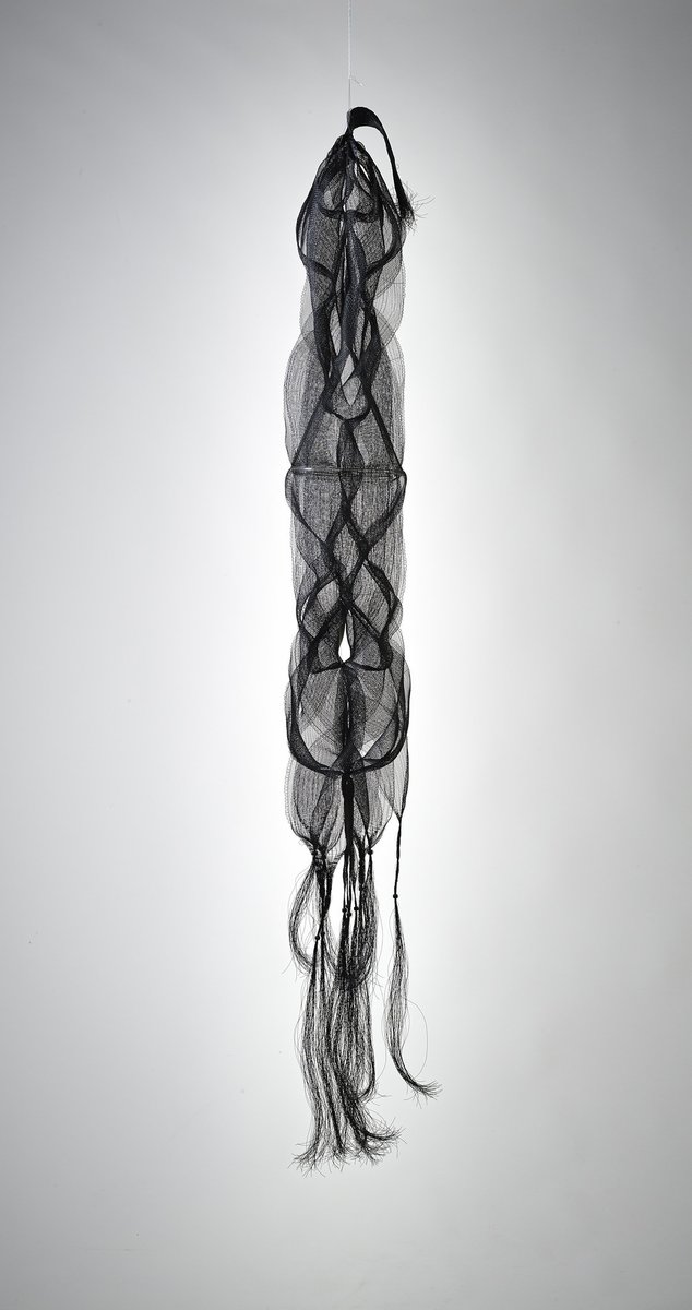 Hanging sculpture by American artist Kay Sekimachi, 1960s-70s, who experimented with the (at the time) new material nylon monofilament to create distinctive, ethereal, monochromatic fiber works