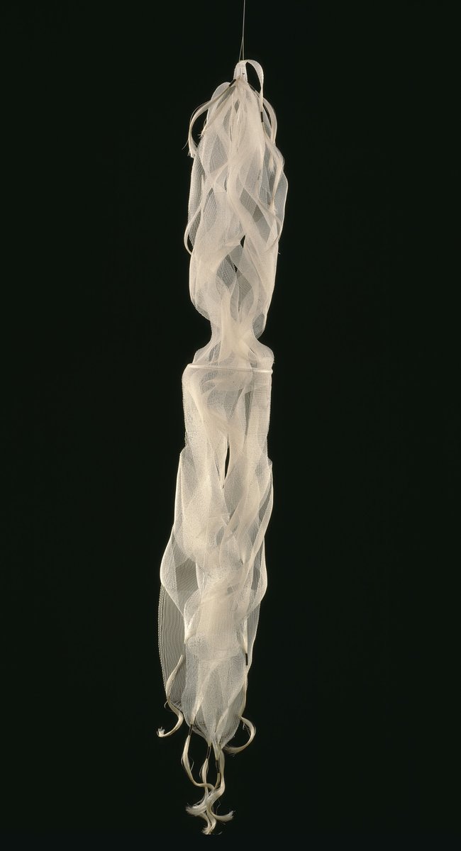 Hanging sculpture by American artist Kay Sekimachi, 1960s-70s, who experimented with the (at the time) new material nylon monofilament to create distinctive, ethereal, monochromatic fiber works