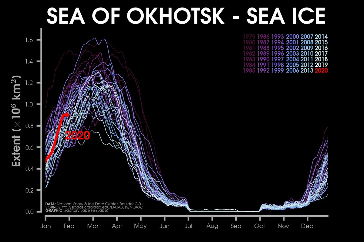 Line graph time series of sea ice extent in the Sea of Okhotsk for each day from 1979 to 2020