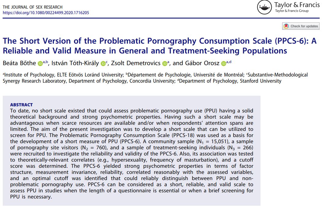 Our latest paper evaluated a short measure of problematic pornography use in general and treatment-seeking populations. Just published in the Journal of Sex Research: bit.ly/ppcs-6 (DM me if you'd like to read but don't have access.) #JSexResearch #pornographyresearch