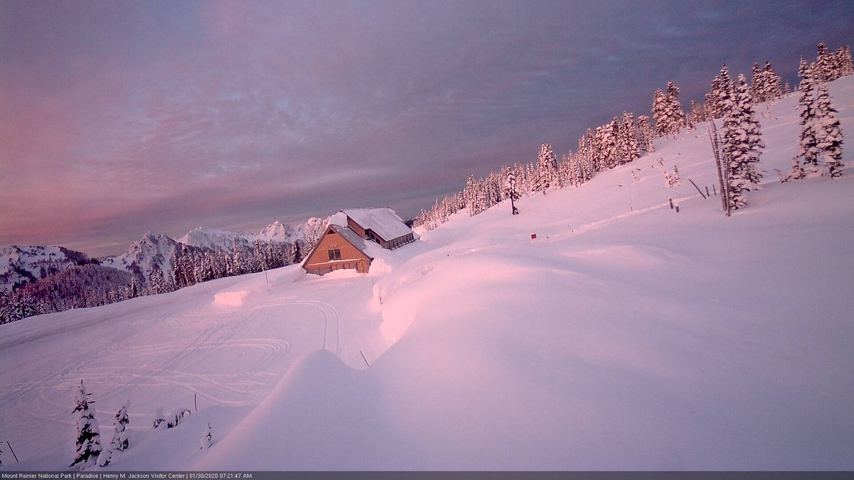 Soft pink light illuminates a snowy parking lot and snow-covered building. 