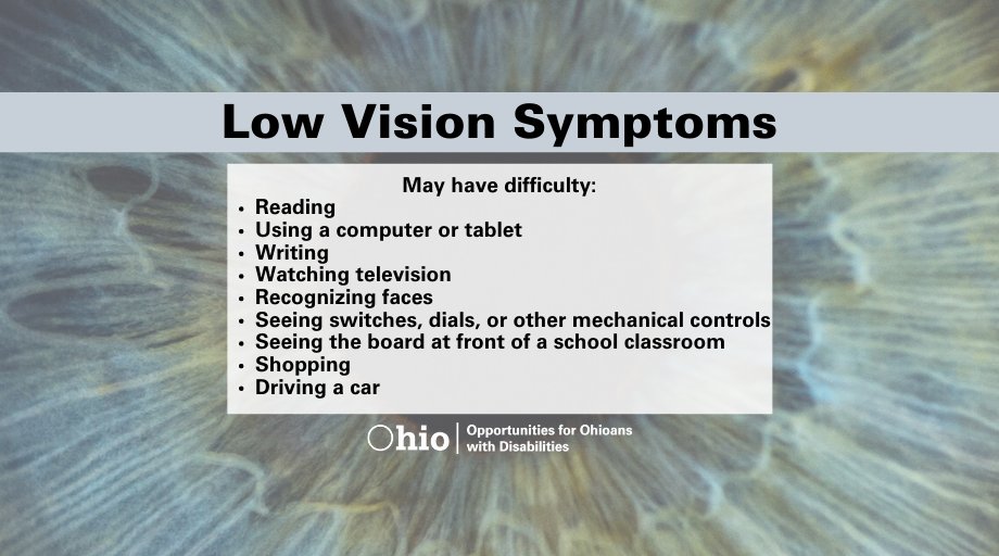 Low Vision Symptoms.  May have difficulty: Reading Using a computer or tablet Writing Watching television Recognizing faces Seeing switches, dials, or other mechanical controls Seeing the board at front of a school classroom Shopping Driving a car