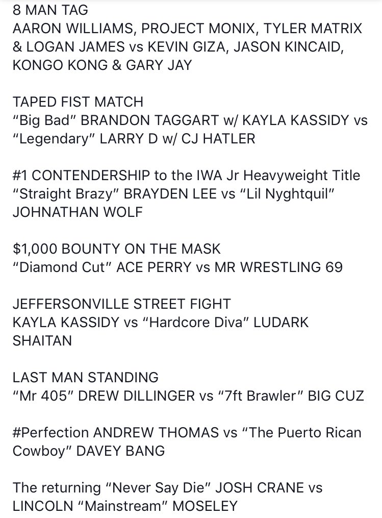 IWAMidSouth's tweet photo. TONIGHT!
@TheArenA1416
RSVP - https://t.co/lkwx4S0IWa
8 big matches! Huge 8 man Tag main event! Taped Fist match! Women’s division street fight! Last man standing! @pwponderings @rindiewrestling @LuDarKShAiTAN @kayla_kassidy @LilNYGhTQuIL @TaggartYLM @legendoflarryd @JCrane317 https://t.co/ENOhyEY19x