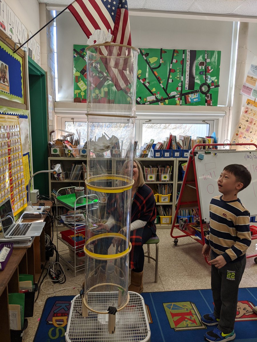 1st grade experimenting with changing variables of weight, surface area, and shape to make their "snowflakes" hover. Awesome perseverance as multiple iterations lead to success! #ecs #BrooklineInnovates