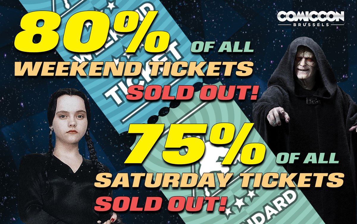 CODE RED! COMIC CON WARNING! CODE RED!
80% of all Weekend Tickets are sold out!!
75% of all Saturday Tickets are sold out!!

Don't miss out on these discount tickets!

comicconbrussels.com